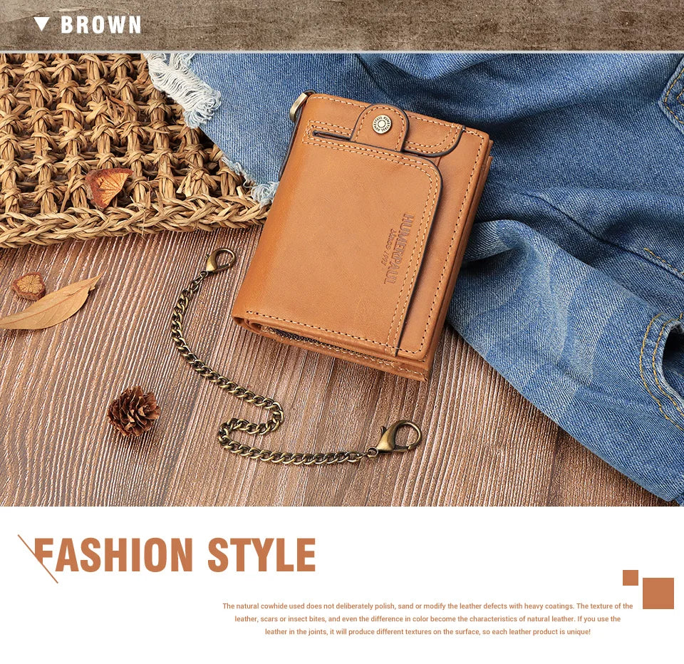 Real Leather Wallet for Men RFID Blocking Credit Card Holder Purse Male Short Bifold Zipper Coin Pocket with Anti-Theft Chain