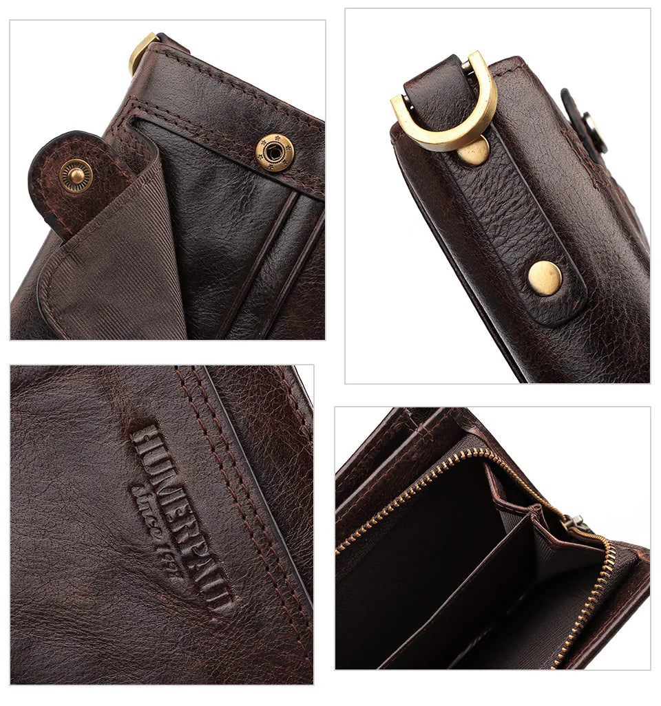 Real Leather Wallet for Men RFID Blocking Credit Card Holder Purse Male Short Bifold Zipper Coin Pocket with Anti-Theft Chain