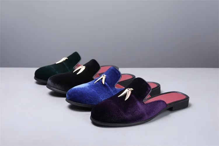 Fashion New Men Velvet Tassels Half Slippers Loafer Male Casual Purple Green Blue Black Mules Moccasins Breathable Driving Shoes