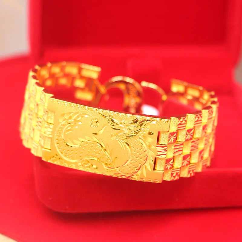 Exquisite Dragon Vein Car Flower Bangle Chain 14k Gold Color Watch Chain Wedding Birthday Fine Jewelry Gift for Men Father Bro