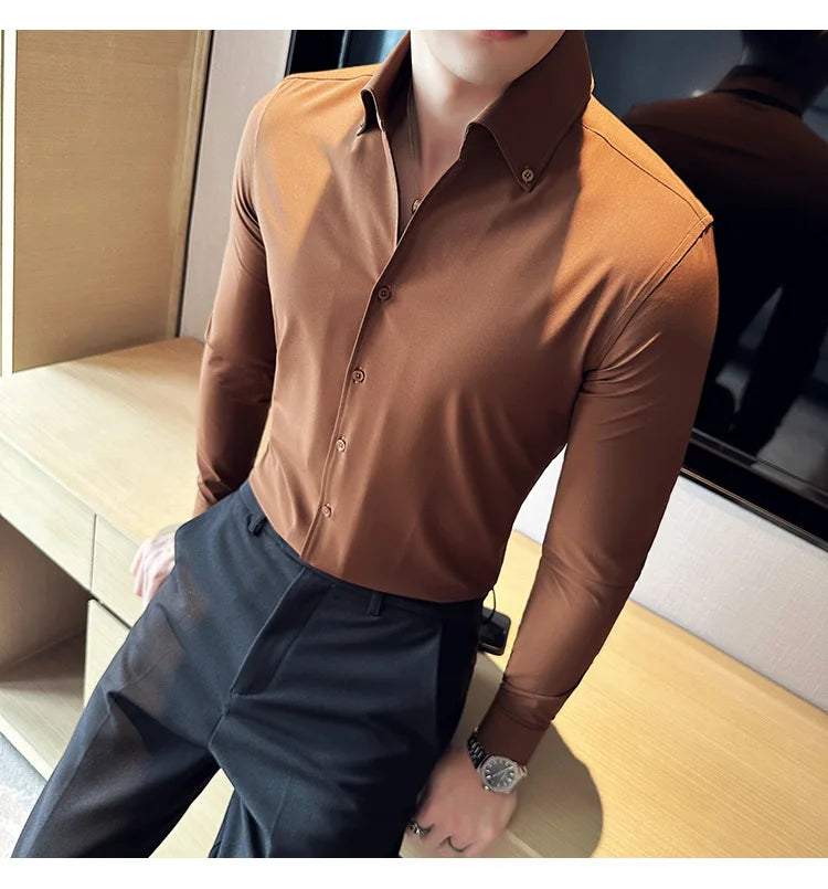 Men Dress Shirt 2025 Autumn British Style Solid Casual Slim Fit Formal Camisas V-neck Long Sleeves Shirt Streetwear Men Clothing
