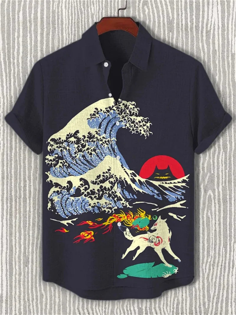 New men's linen art 3D wave print short sleeved shirt with warrior cat animal pattern casual short sleeved shirt top