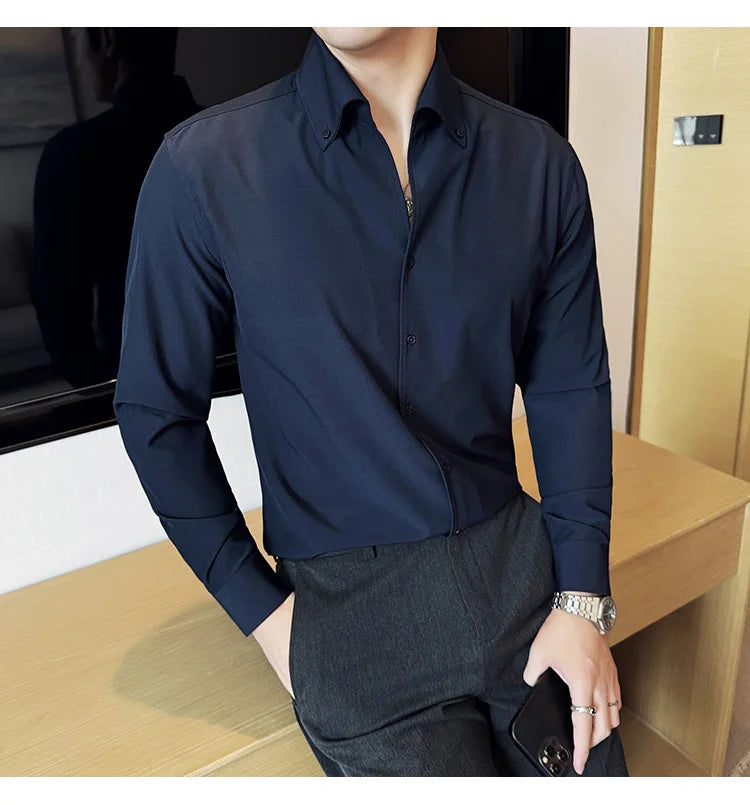 Men Dress Shirt 2025 Autumn British Style Solid Casual Slim Fit Formal Camisas V-neck Long Sleeves Shirt Streetwear Men Clothing