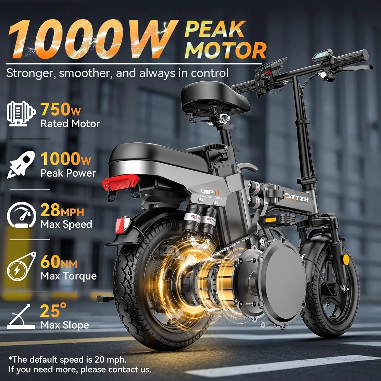 1000W 48V 15Ah Foldable Electric Bike 20MPH MAX 60 Mile Range 14in Commuter E-Bike UL2849 Certified Customized