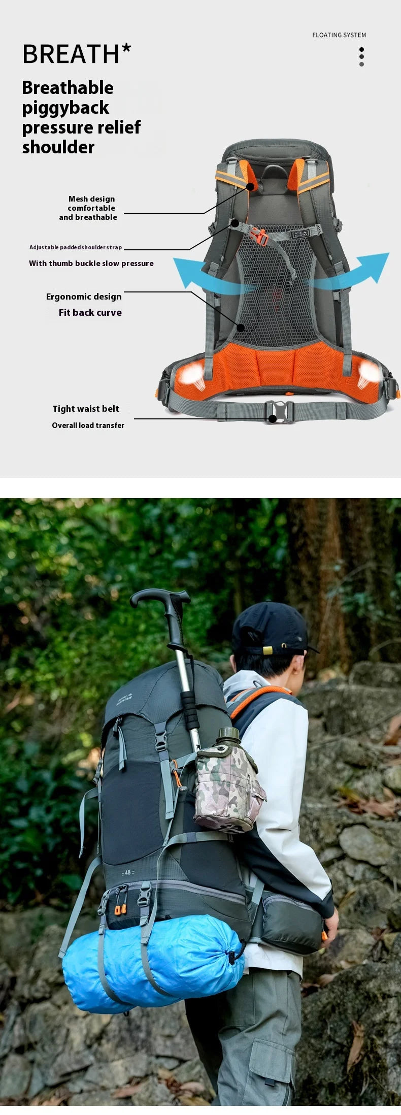 48L Camping Backpack Travel Bag For Men Large Capacity Outdoor Sport Trekking Hiking Mountaineering Shoulder Bag with Rain cover