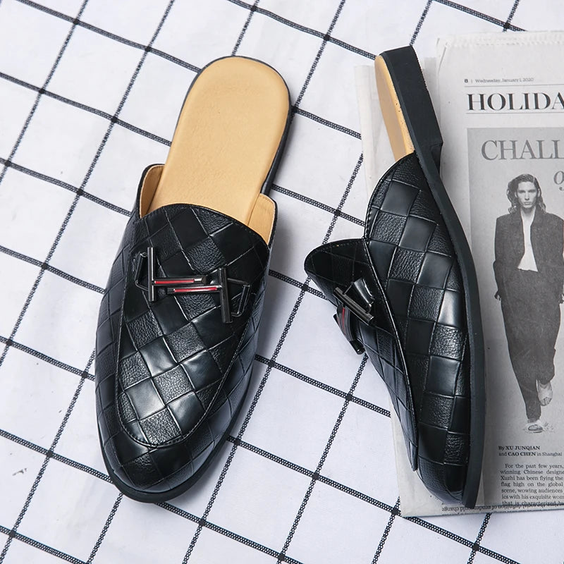 2024 New Luxury Designer Men's Casual Bling Leather Loafers Italian for Men Half Shoes Mules Male Black Slides Business Slippers