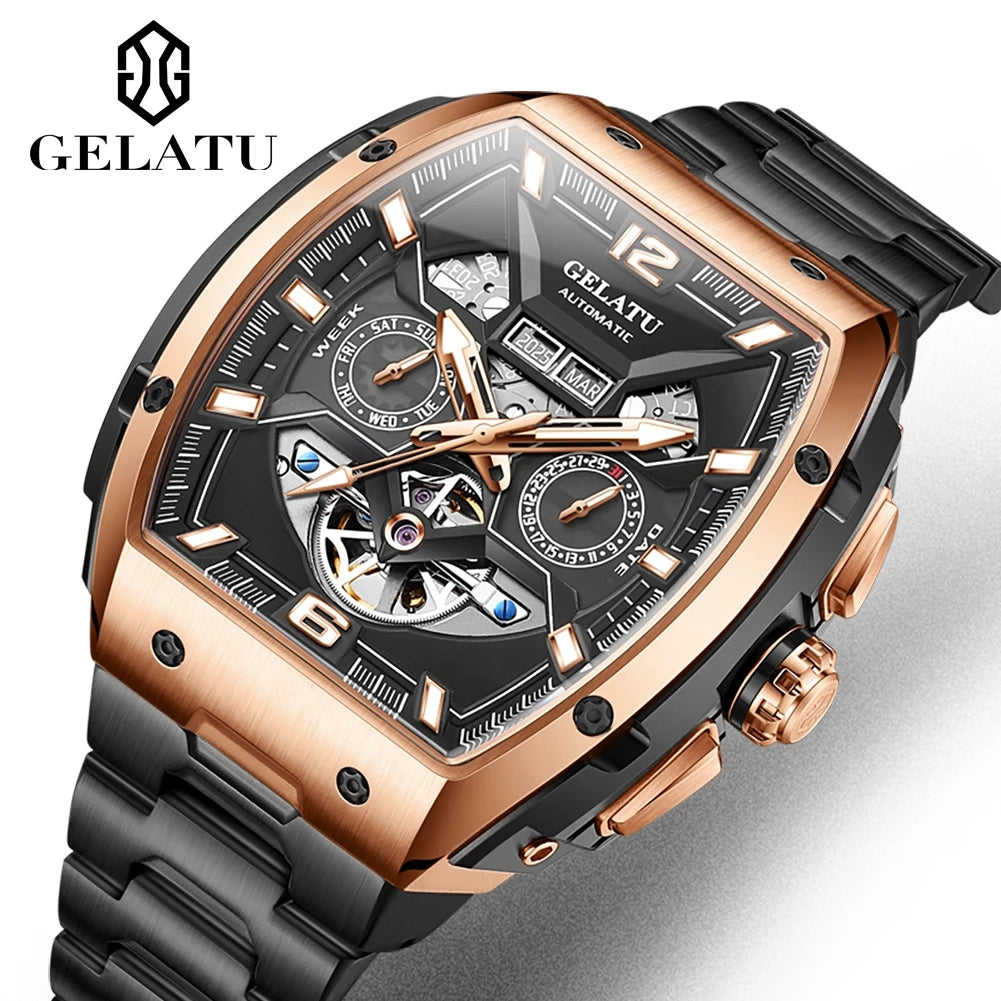 Reloj Hombre Watches Mens GELATU Top Brand Luxury Rose Black Skeleton Tourbillon Automatic Mechanical Watch for Men Waterproof