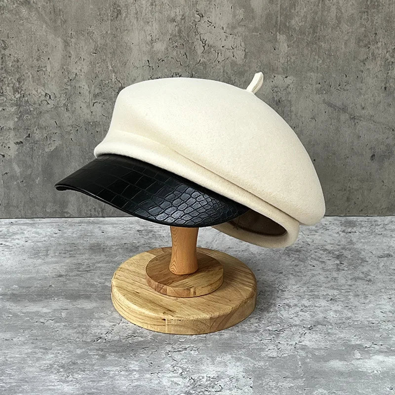 Fashion leather brim wool beret women's autumn/winter Korean style newsboy hat British knight hat duck cap Japanese system
