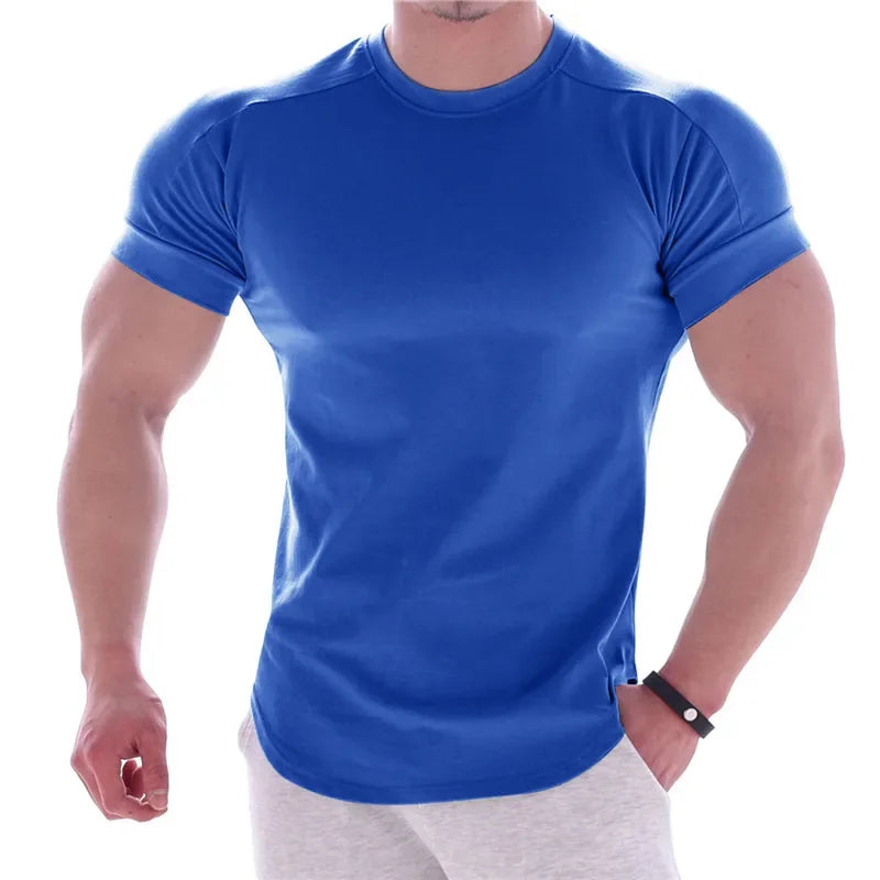 NEW Men Summer T Shirts High Elastic Slim Fit T shirt Men Quick-drying Curved Hem Mens T-Shirts Fitness casual Solid Color tops