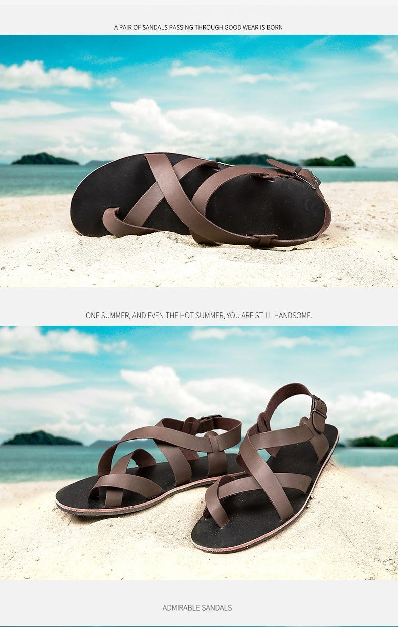 New Summer Sandals Men Open Toe Genuine Leather Sandals Hollow-out Retro Handmade Comfortable Breathable Outdoor Beach Shoes