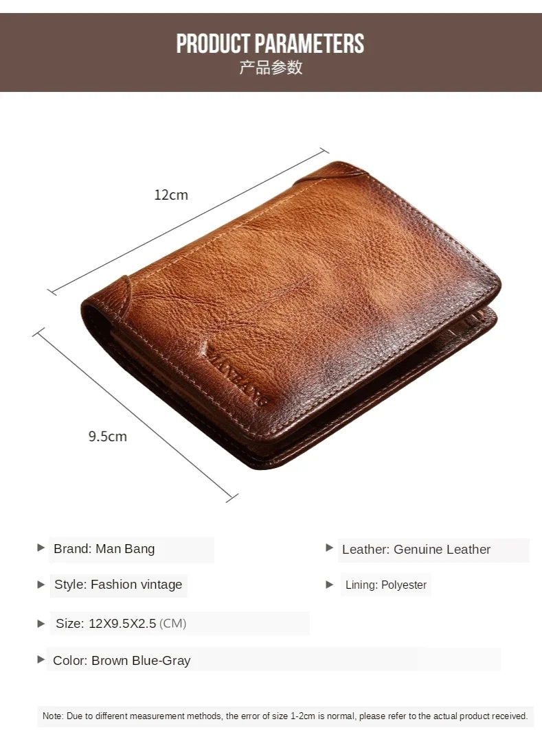【Genuine Cow Leather / Gift Box】ManBang Luxury Men's Wallet RFID Short Trifold For Men with ID Window and Credit Card Holder