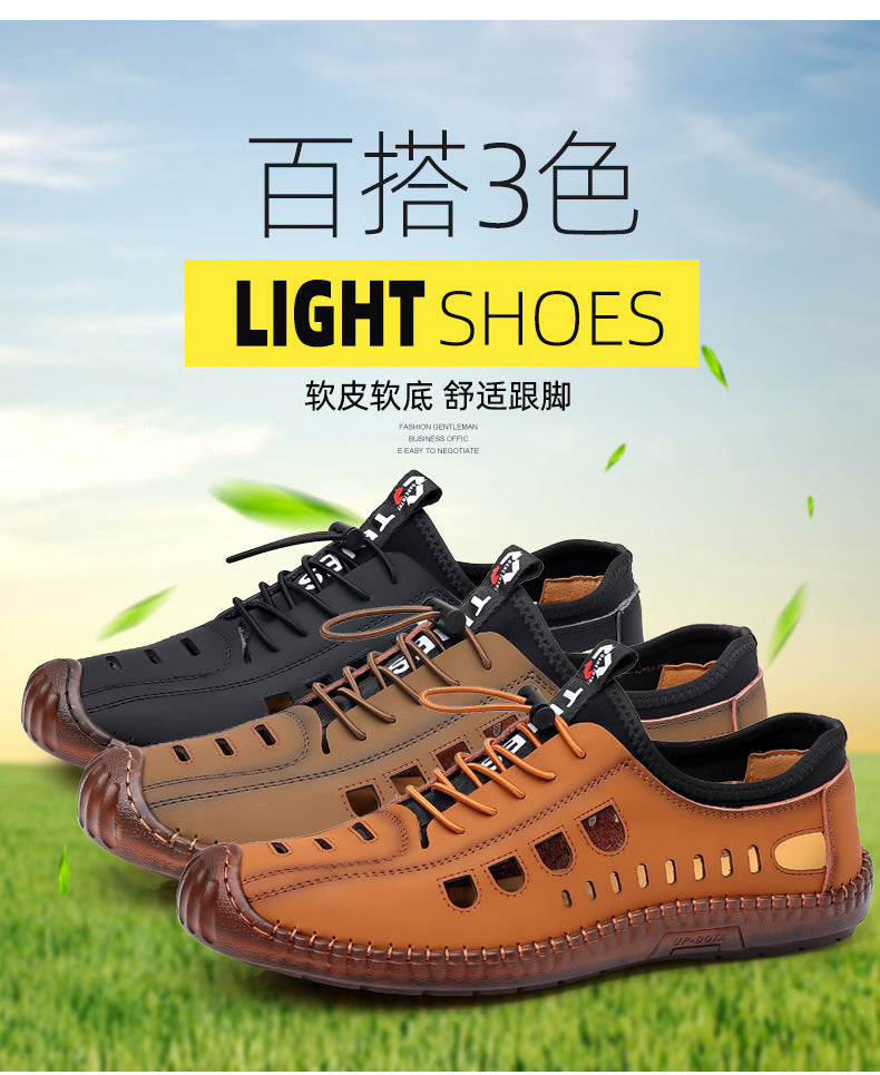 Men's Soft Leather 2024 Summer Men Leather Sandals Breathable Non-slip Cow Tendon Sole Casual Leather Shoes Outdoor Beach Shoes