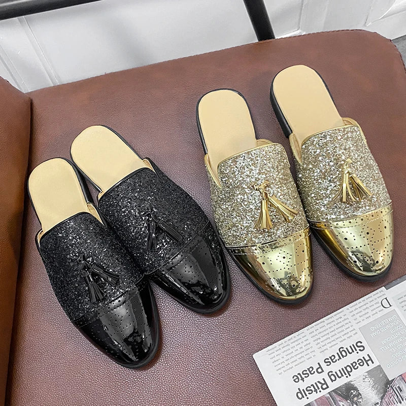2024 New Luxury Designer Men's Casual Bling Leather Loafers Italian for Men Half Shoes Mules Male Black Slides Business Slippers