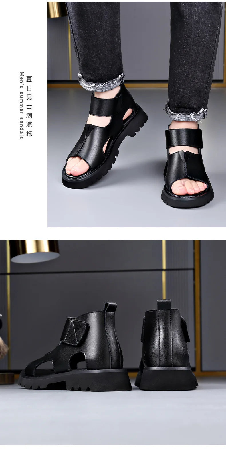 Cow Leather Sandals for Men 2025 Summer New Designer Big Size Increase Roman Beach Shoes Male Fashion Casual Black Sandals Man