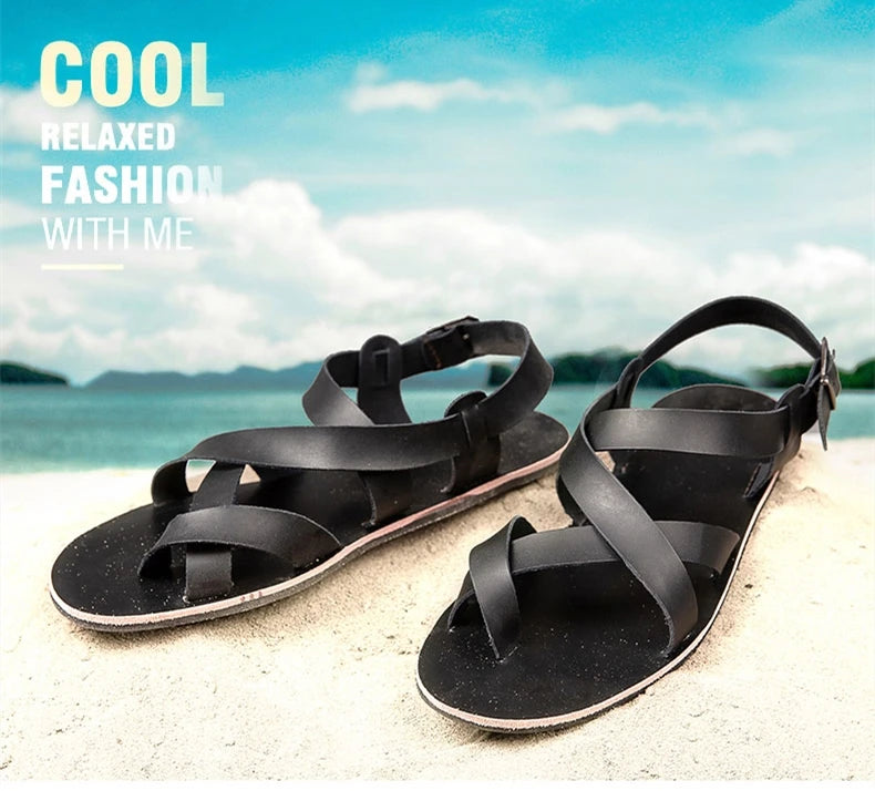 New Summer Sandals Men Open Toe Genuine Leather Sandals Hollow-out Retro Handmade Comfortable Breathable Outdoor Beach Shoes
