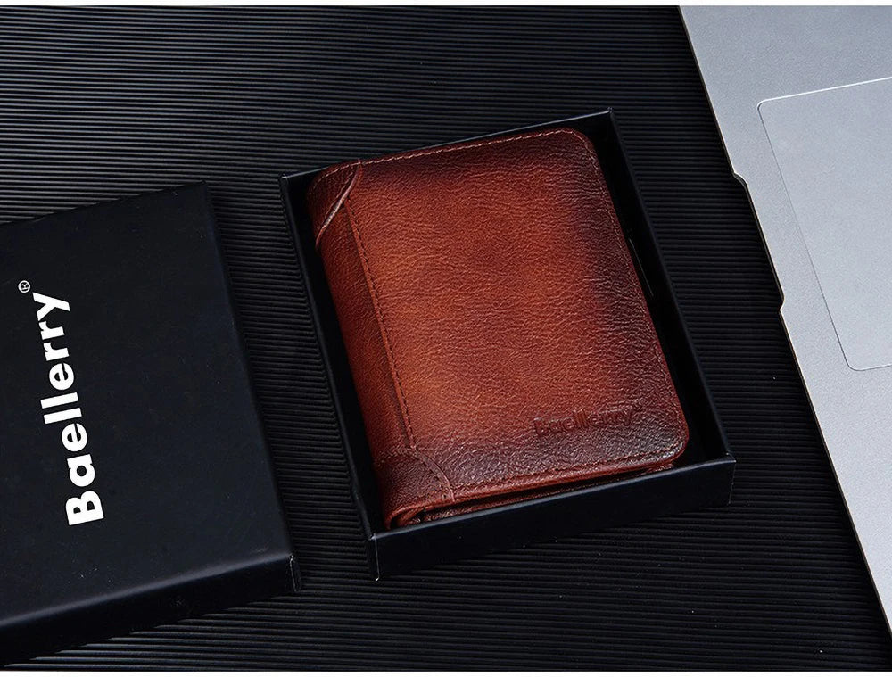 Vintage Leather Wallet for Men Baellerry RFiD Blocking Short Bifold Wallet with Zipper Closure and Coin Pocket Small Mens Purse