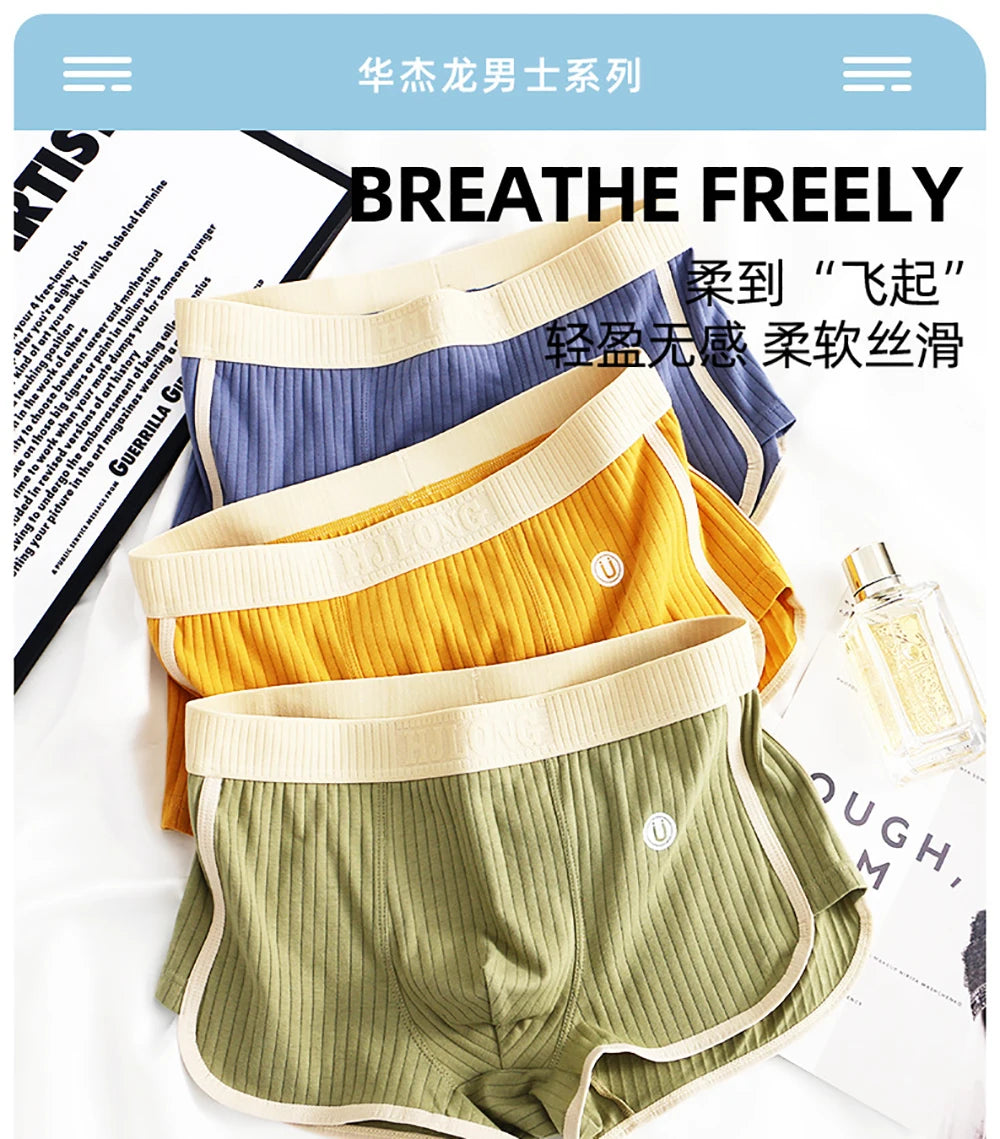3PCS/Pack 100% Cotton Solid Striped Men's Boxer Sexy Breathable Mesh U Crotch Underwear High Elastic Widen Waistband Underpants