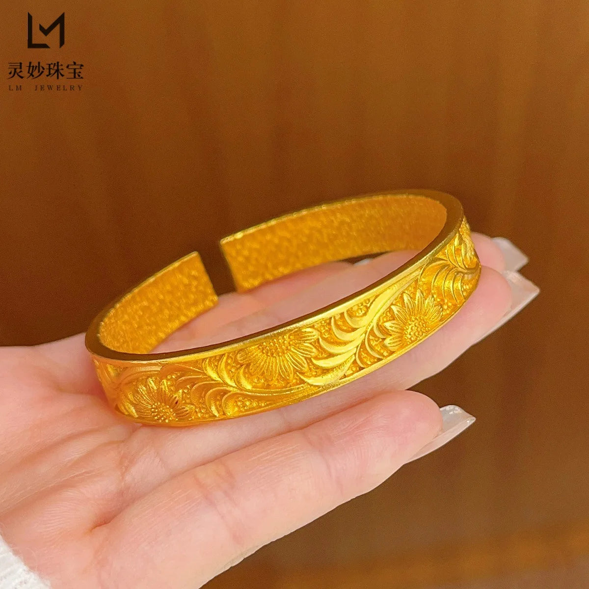 Classic Bangle Women's 24K Gold AU999 - 24K Gold Retro Fortune Flower Bangle, Carved Craft, Luxury Collection