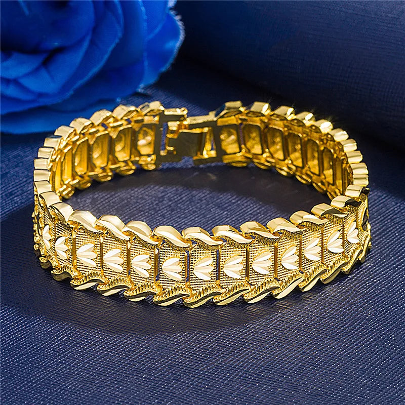 SAIYE 21cm Retro Fashion European Coin Gold Plated Jewelry 24K Gold Men Wide Bracelet Watch Chain Wholesale