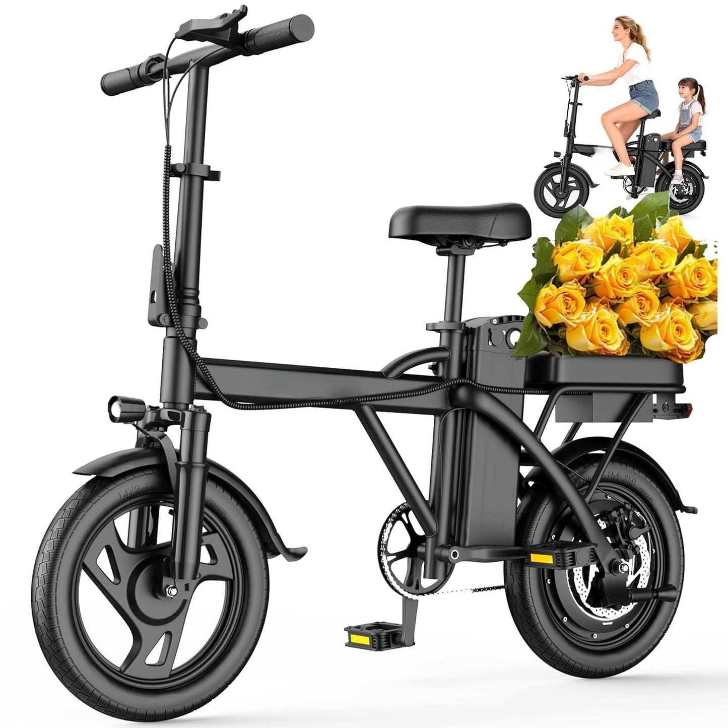 500W 22MPH Folding Electric Bike 14in 30-50Mi Range Pedal Assist Mini Ebike Custom