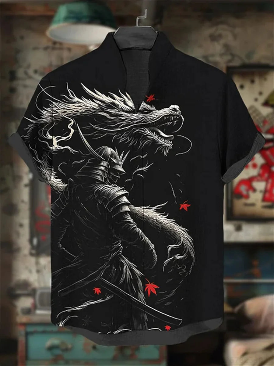 Men's short-sleeved shirt with samurai print and stylish ink painting design, summer casual men's top, trendy retro streetwear.
