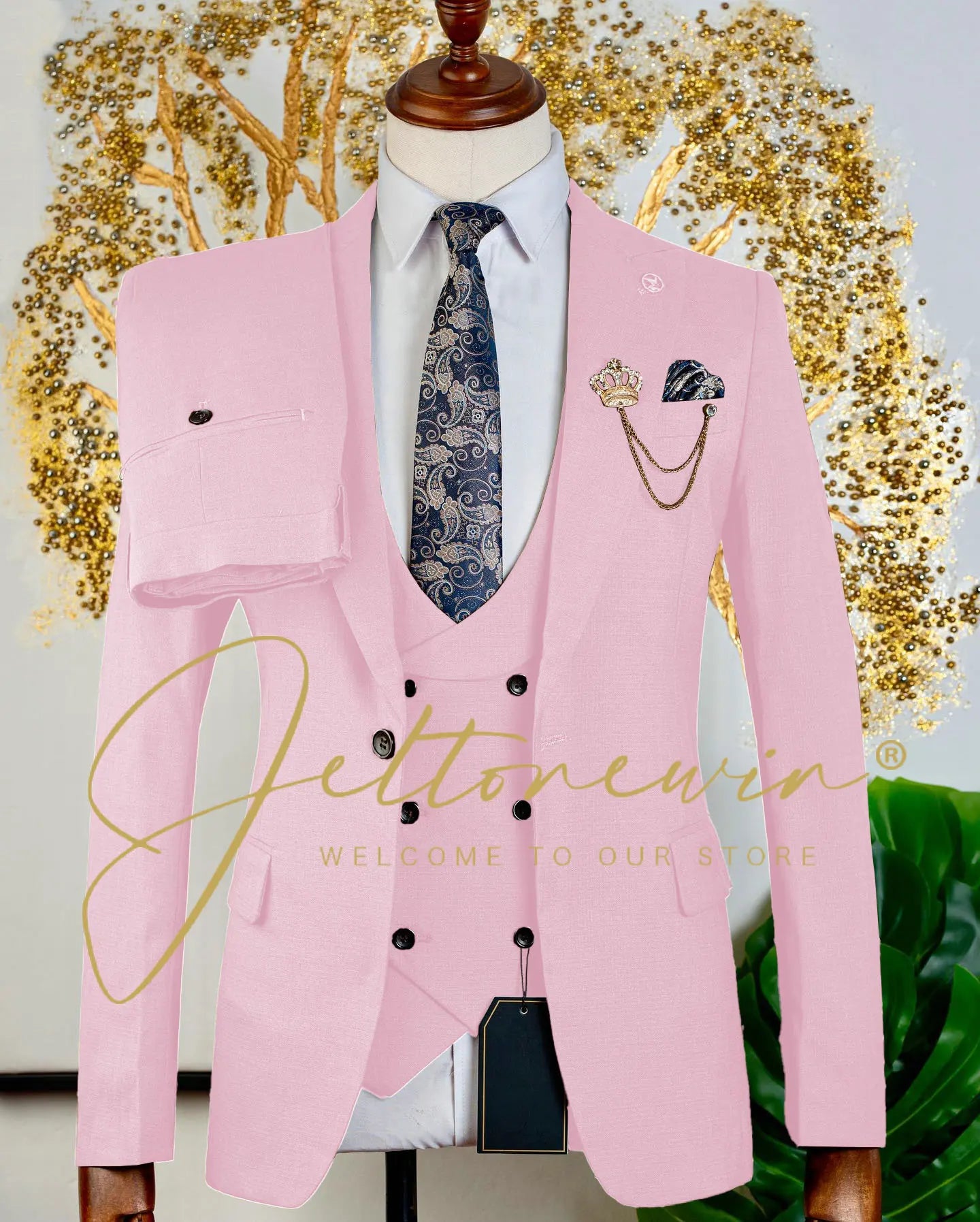 Men's Brown Three Piece Suit with Vest and Trousers Slim Fit Formal Wear for Wedding Groomsmen Party Business Occasion