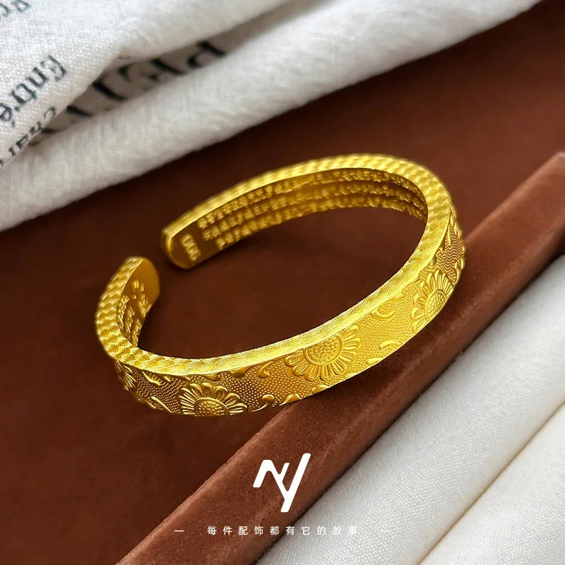 Real 9999 24k Gold Design Is Thickened and Wide, Facing the Sunflower and Engraved with the Heart Sutra, Open Bracelet Bracelet.