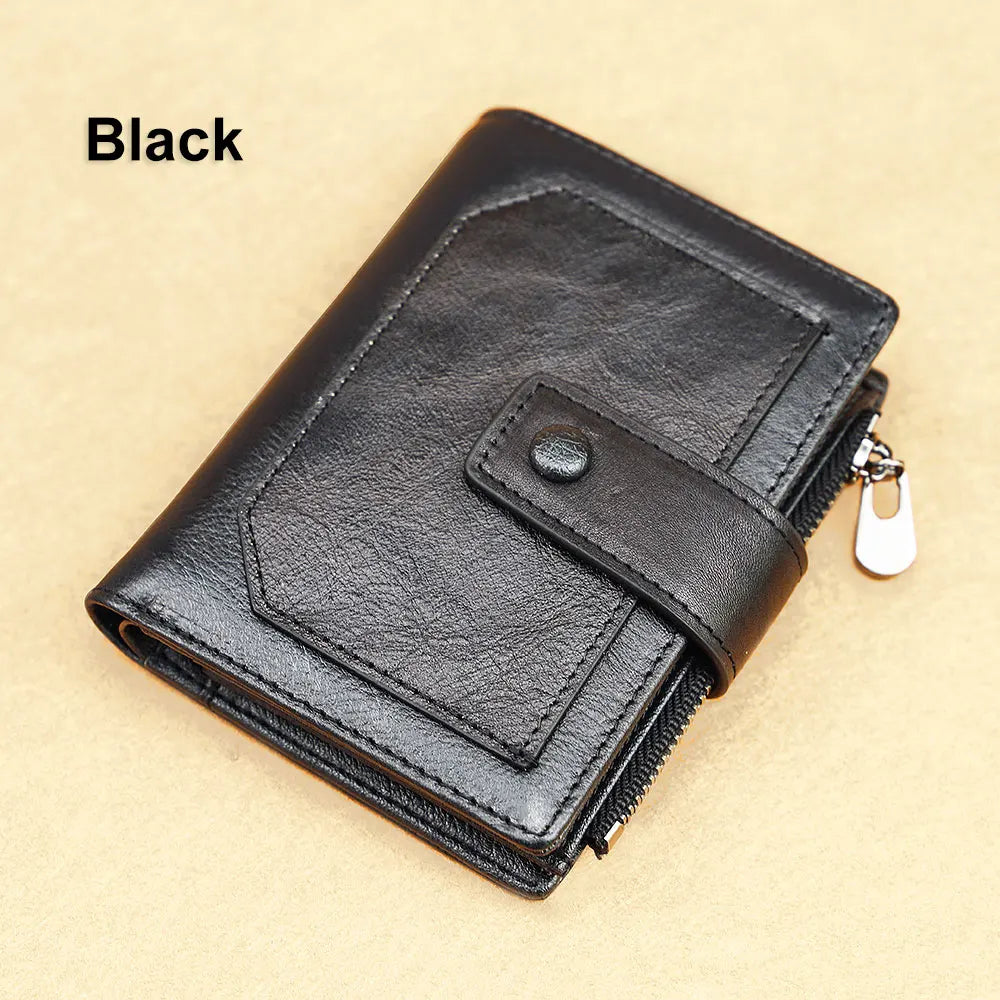 Vintage 100% Genuine Leather Men's Wallet RFID Blocking Trifold Short Multi Function Money Clip Large Capacity Zipper Coin Purse