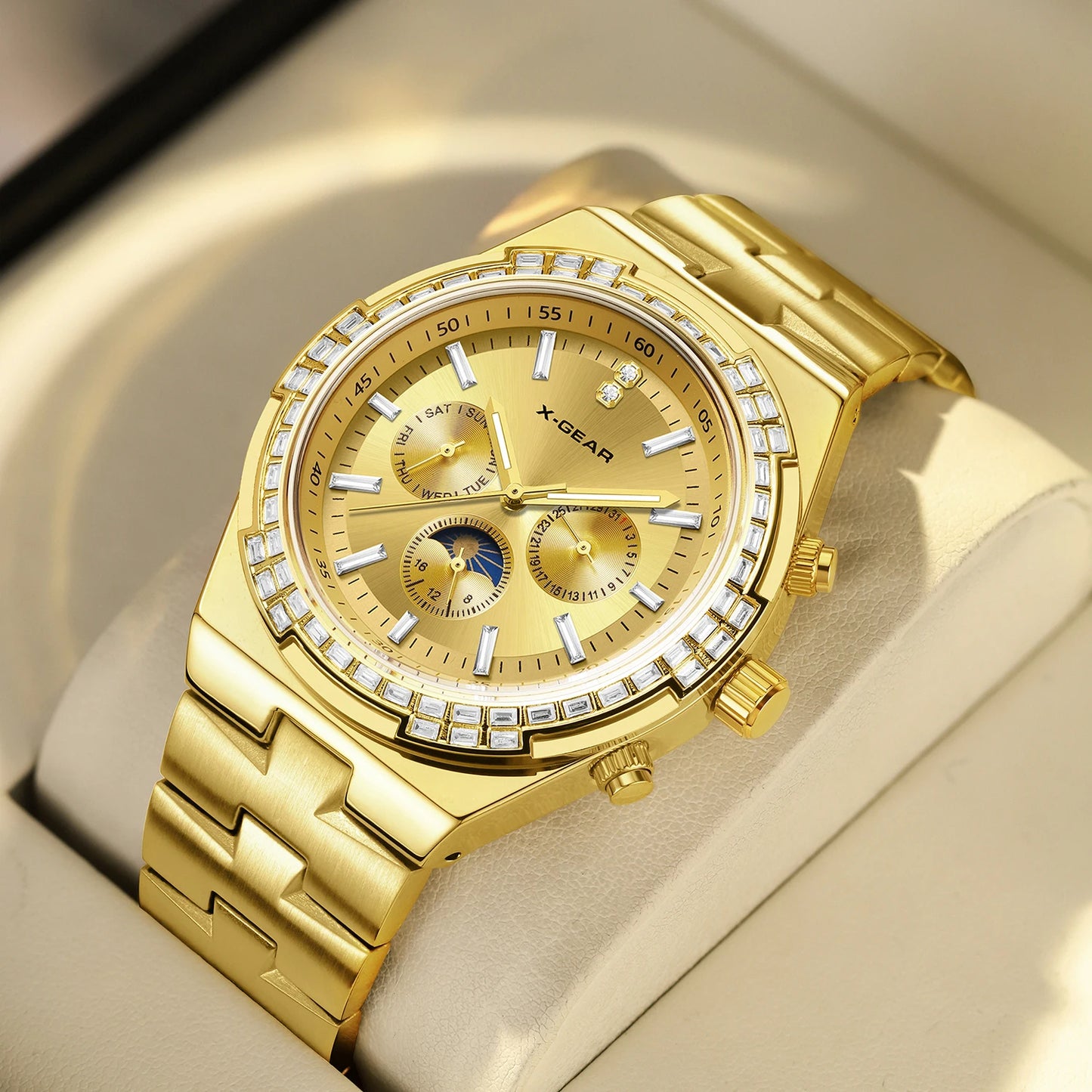 X-GEAR Men's Multifunctional Mechanical Watch with Stainless Steel Strap Calendar Feature Waterproof Night Light