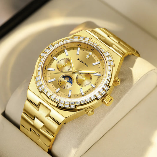 X-GEAR Men's Multifunctional Mechanical Watch with Stainless Steel Strap Calendar Feature Waterproof Night Light