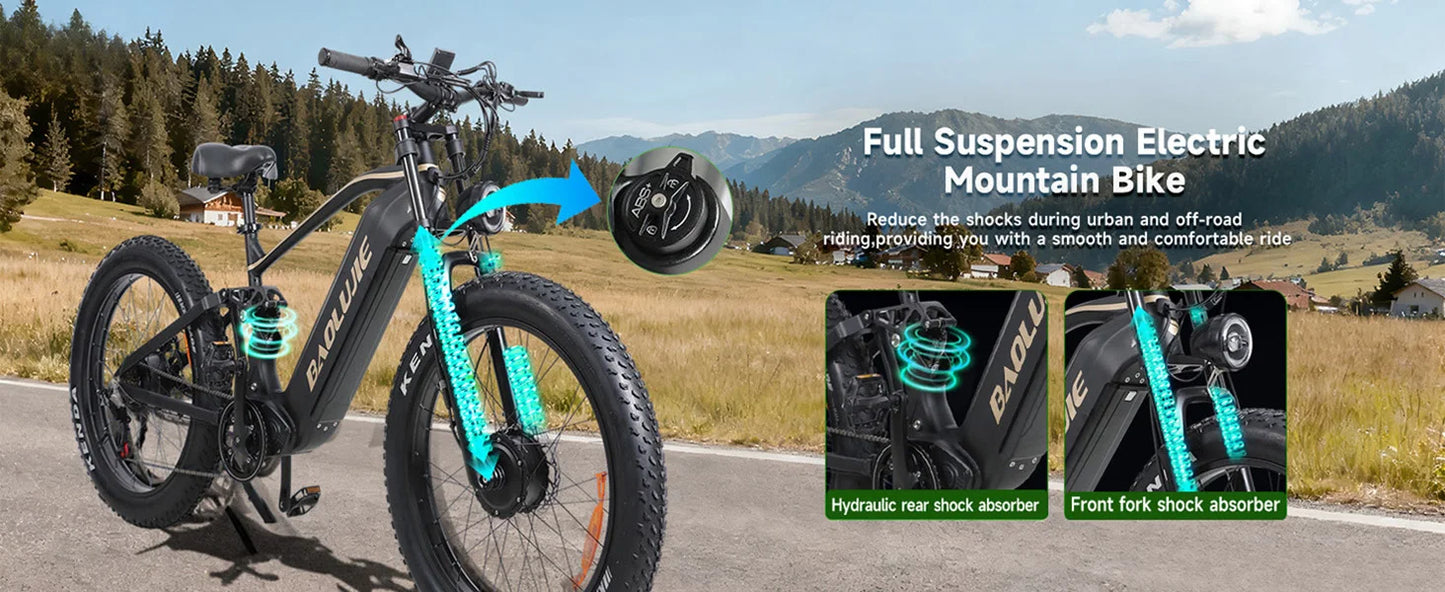 BAOLUJIE P2 Adults Electric Bike 5000W Peak Dual Motors  52V23AH Battery Up to 36 mph Electric Bicycle Dual Shock Absorber Ebike
