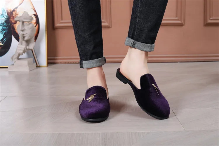 Fashion New Men Velvet Tassels Half Slippers Loafer Male Casual Purple Green Blue Black Mules Moccasins Breathable Driving Shoes