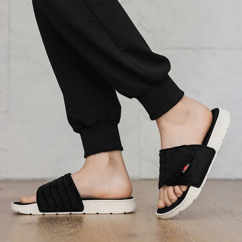 Men's Fashion Slippers Solid Color Flat Heel Retro Style Solid Color Ultra-light Soft Sole Silent Home Suede Casual Shoes