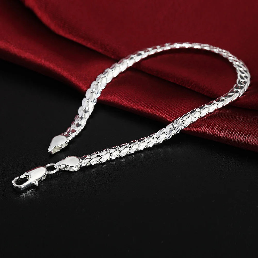 18K Gold 925 Sterling Silver Bracelets For Men Women Simple 5mm 20cm Flat Side Chain Bracelet Unisex Charm Jewelry Gifts
