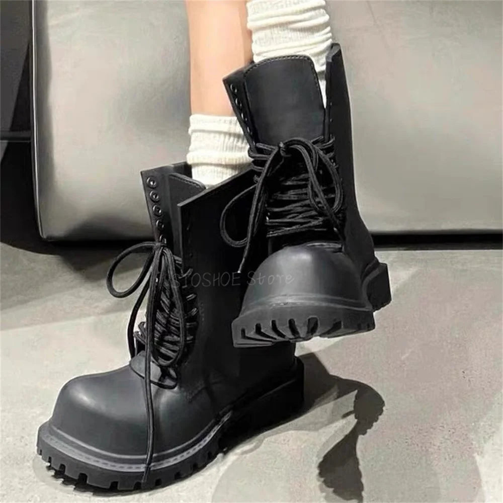 Thick Bottom Black Boots for Men New Women Derby Big Toe Lace Up Boots Chelsea Short Boots Brand Design Male Big Size 40-45