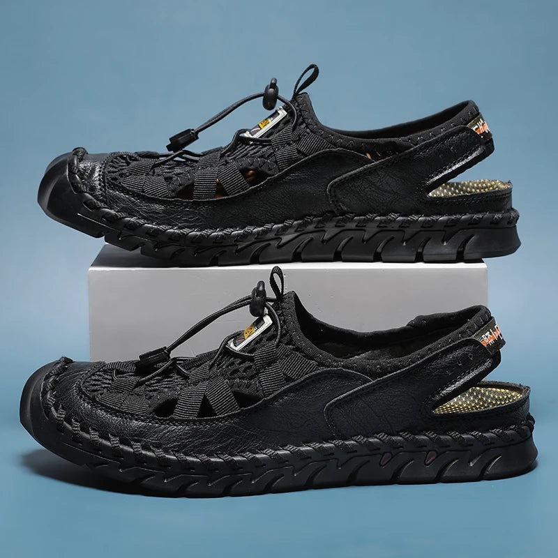 Men's Sandals Summer Leather Fisherman Beach Shoes Closed Toe Sandals for Men Handmade Breathable Water Sandals Outdoor Non Slip