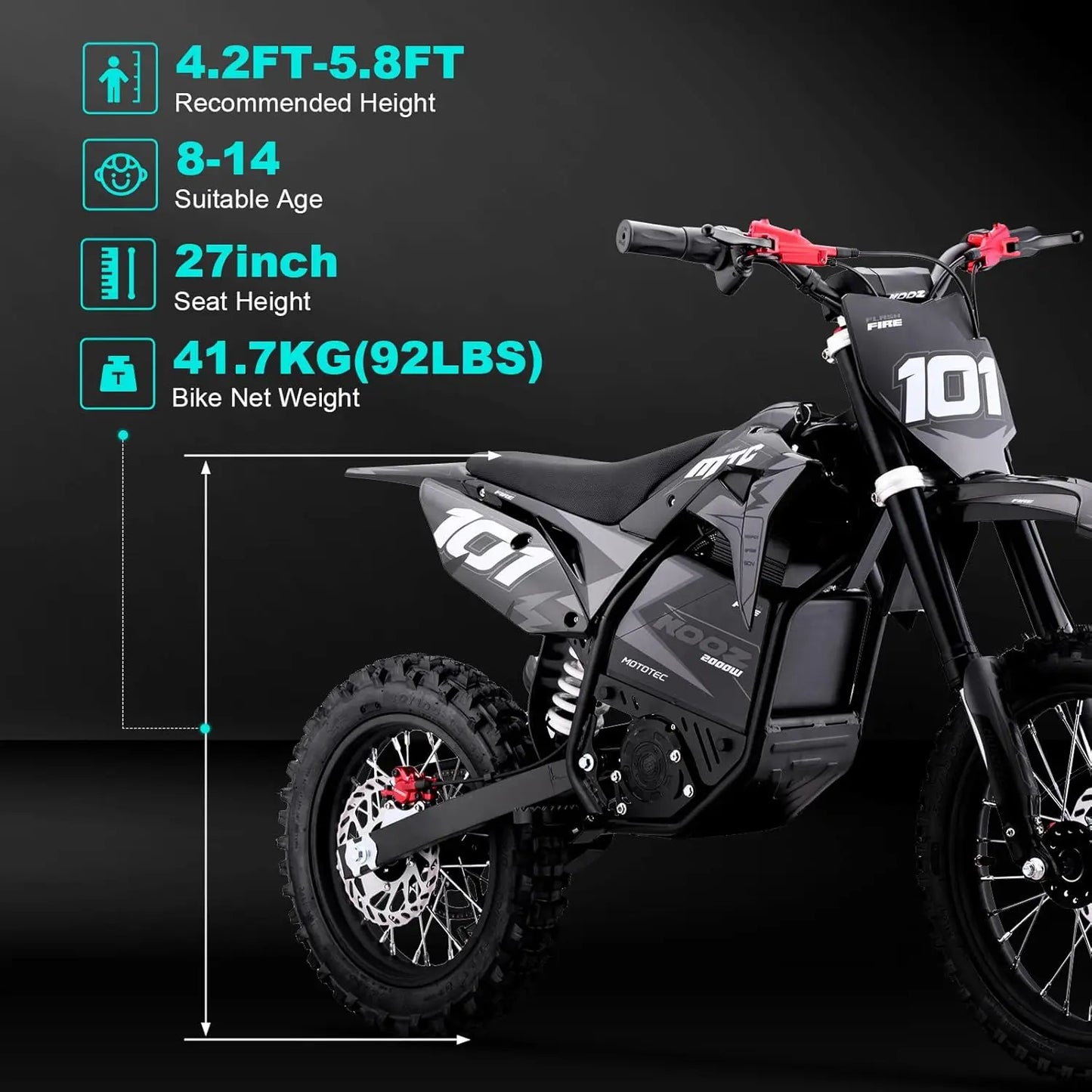 HP115E Electric Dirt Bike Ebike for Kids and Teens, 40 MPH 60V 2000W (Max 3000W) Offroad Motorcycle with 14"/12", Customized