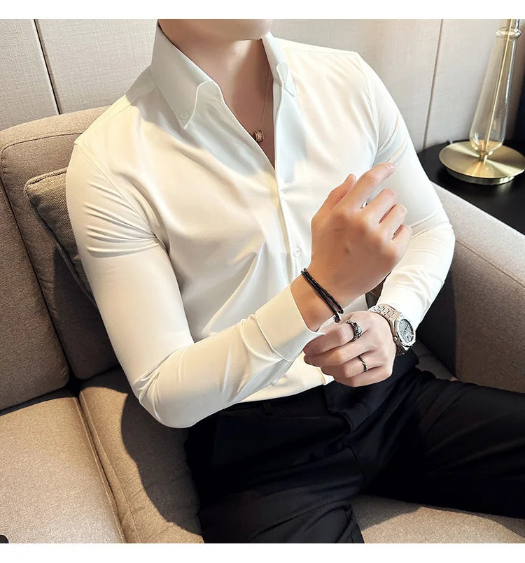 Men Dress Shirt 2025 Autumn British Style Solid Casual Slim Fit Formal Camisas V-neck Long Sleeves Shirt Streetwear Men Clothing
