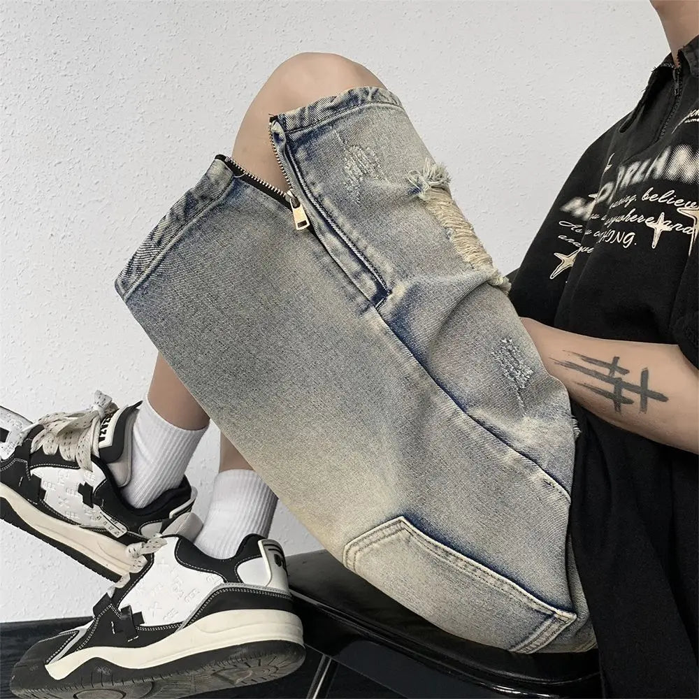Men's High Street Ripped Denim Versatile Loose and Handsome Shorts