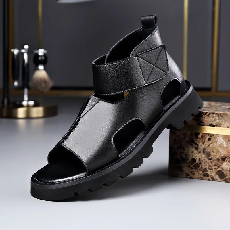 Cow Leather Sandals for Men 2025 Summer New Designer Big Size Increase Roman Beach Shoes Male Fashion Casual Black Sandals Man