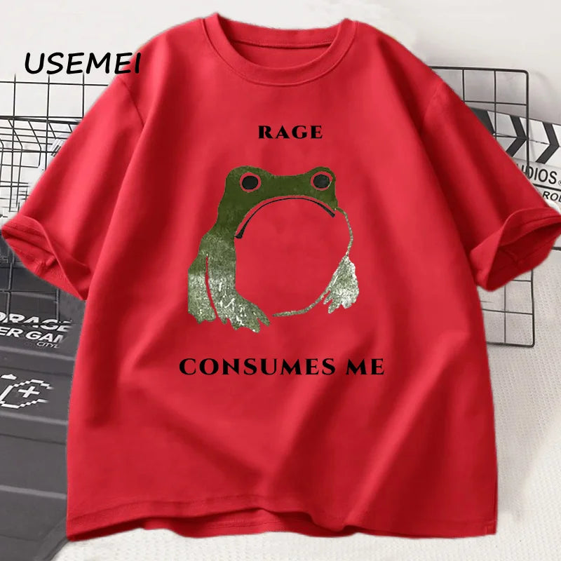Men's T Shirts Funny Rage Consumes Me Frog Graphic T Shirts Vintage Cotton Short Sleeve Printed T-shirt Mens Clothes Streetwear