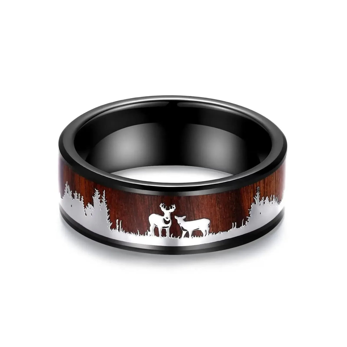 Fashion Deer Family Black Hunting Stainless Steel Rings for Men Women KOA Wood Inlay Beveled Polished Edge Wedding Bands Jewelry