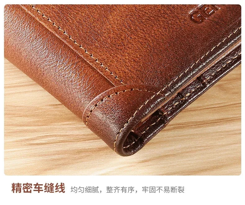 Men Wallet Genuine Leather Rfid Blocking Trifold Wallet Vintage Thin Short Multi Function ID Credit Card Holder Male Purse Money