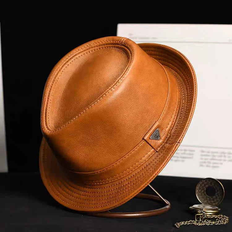 New 2023 Man High Quality Genuine Leather Jazz Fedora Gentleman CowSkin Short Brim Black/Brown Fitted Top Hat Male Shows