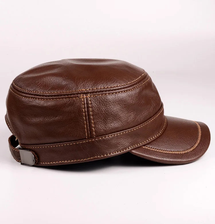 Hat Men Winter Male Genuine Leather Quality Cowhide Casual Thin Flat Top Cap Hombre Black Brown Solid Color Trucker Casquette