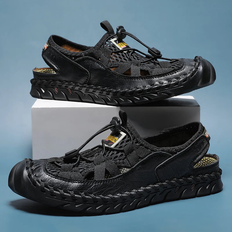 Men's Sandals Summer Leather Fisherman Beach Shoes Closed Toe Sandals for Men Handmade Breathable Water Sandals Outdoor Non Slip