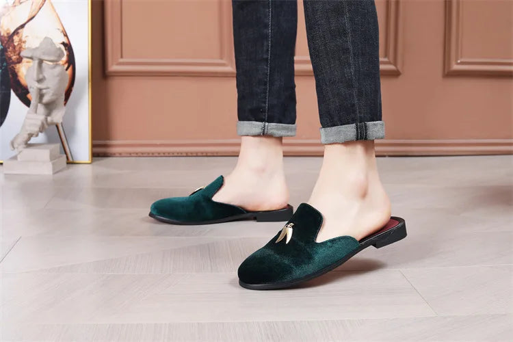 Fashion New Men Velvet Tassels Half Slippers Loafer Male Casual Purple Green Blue Black Mules Moccasins Breathable Driving Shoes