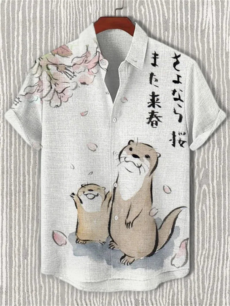 Men's Volcano Animal Pattern Linen Shirt Summer Fashion Short Sleeve Button Collar Shirt Hawaii Casual Shirt Top