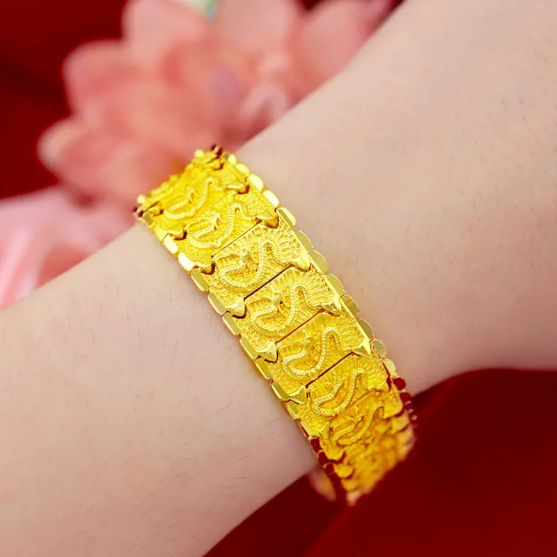 24k Yellow Gold Color Watch Bracelet for Men Dragon Pattern Male Gentleman Bracelet Hand Chain Wedding Engagement Jewelry Gifts