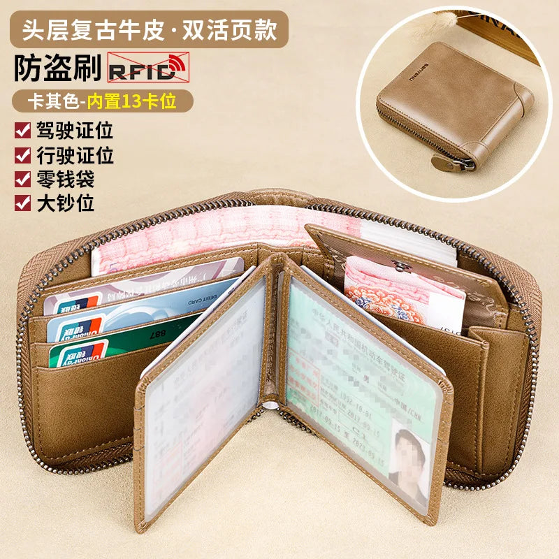 Fashion Genuine Leather Wallet For Men Zipper Complete Closure Wallet Driving License Credit Card Holder Coin Bag Men's Wallet